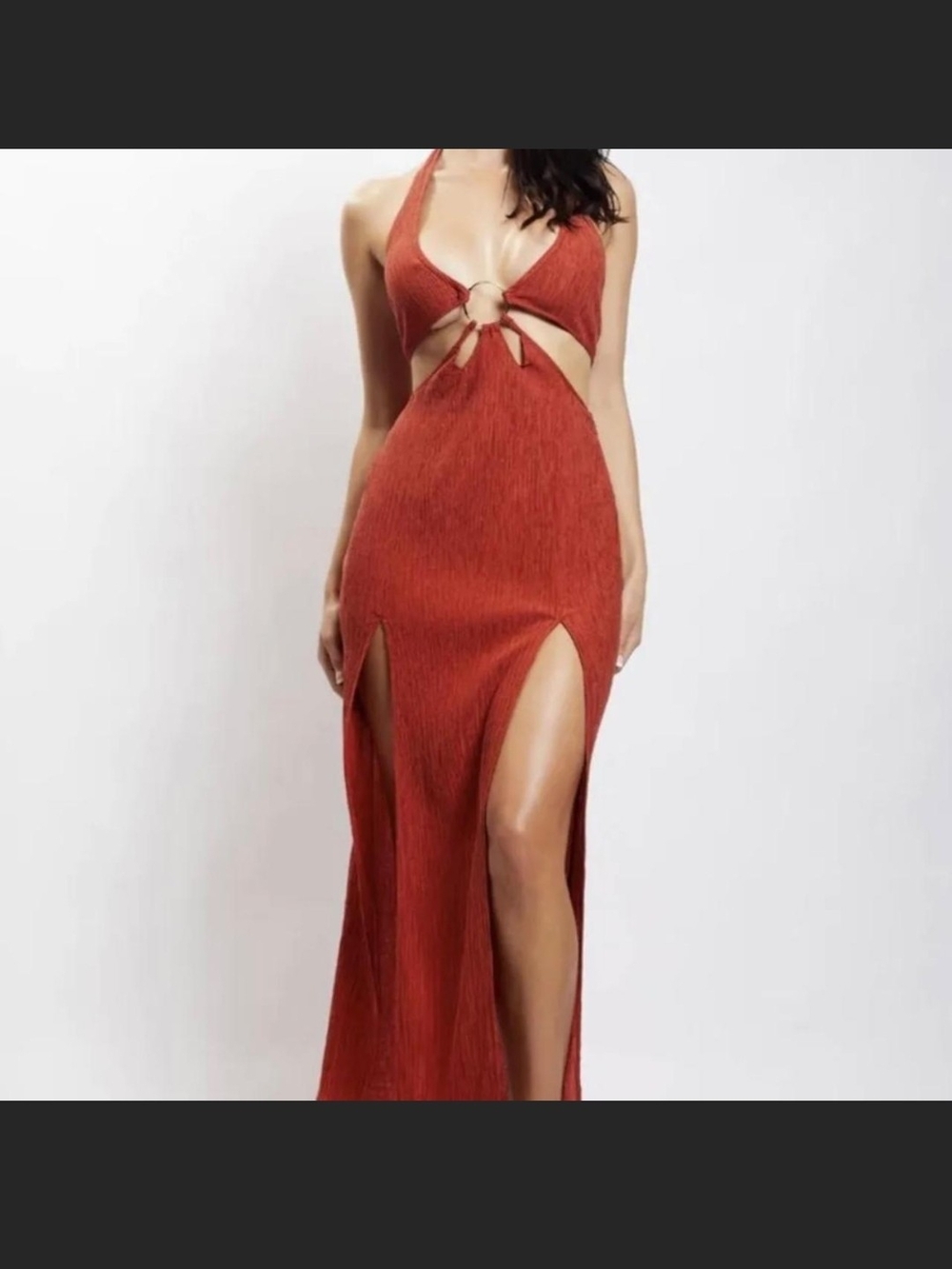 Meshki Coral Red Backless Halter Maxi Dress